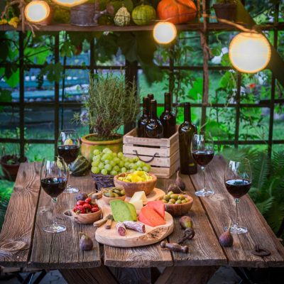 Evening dinner with cheese and wine Evening garden meeting.